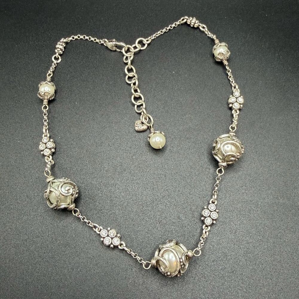 Brighton Caged Faux Pearl Silver tone Necklace #M65 rhinestone